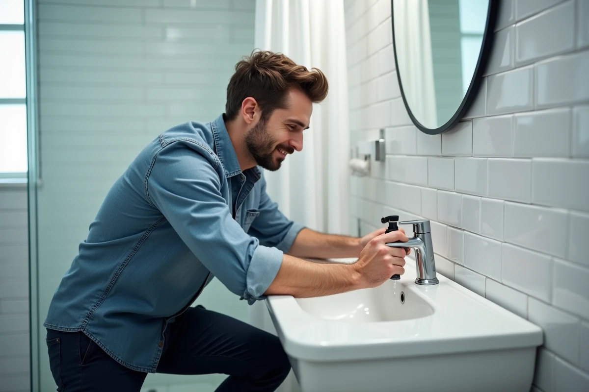 Homme nettoyant la robinetterie de salle de bain avec un produit ménager tout-en-un pour gagner du temps