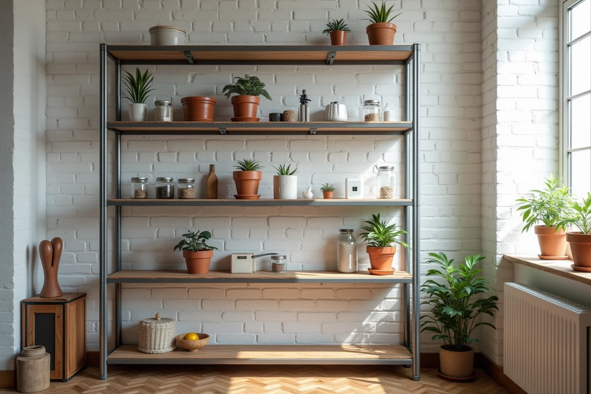 Étagère murale DIY construite avec des tubes rectangulaires en aluminium fixée sur un mur en brique blanche avec rangements décoratifs