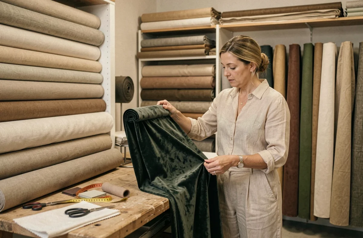 Décoratrice présentant des échantillons de tissus dans l'atelier de L'Étoffe du Lieu à Angers