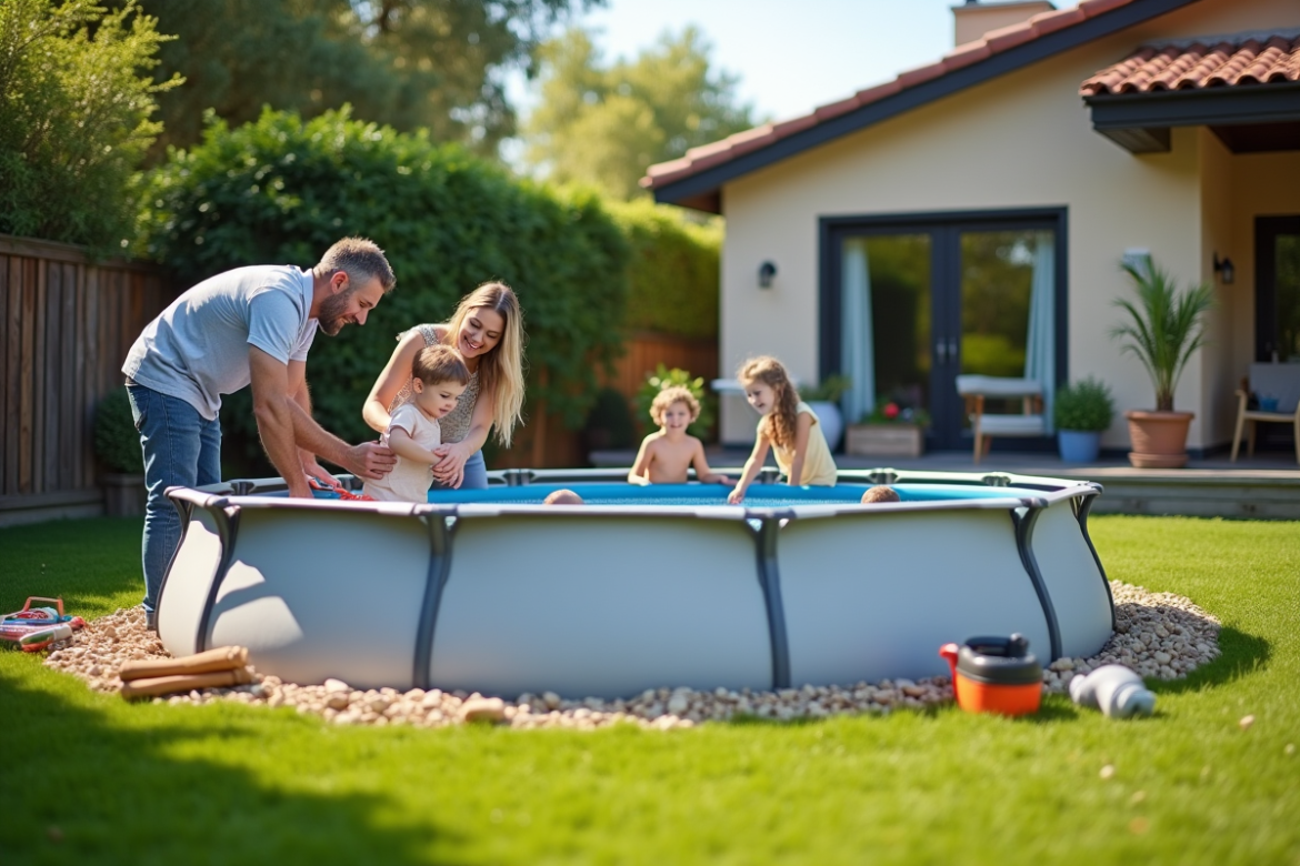 Famille heureuse construisant une piscine dans leur jardin ensoleille