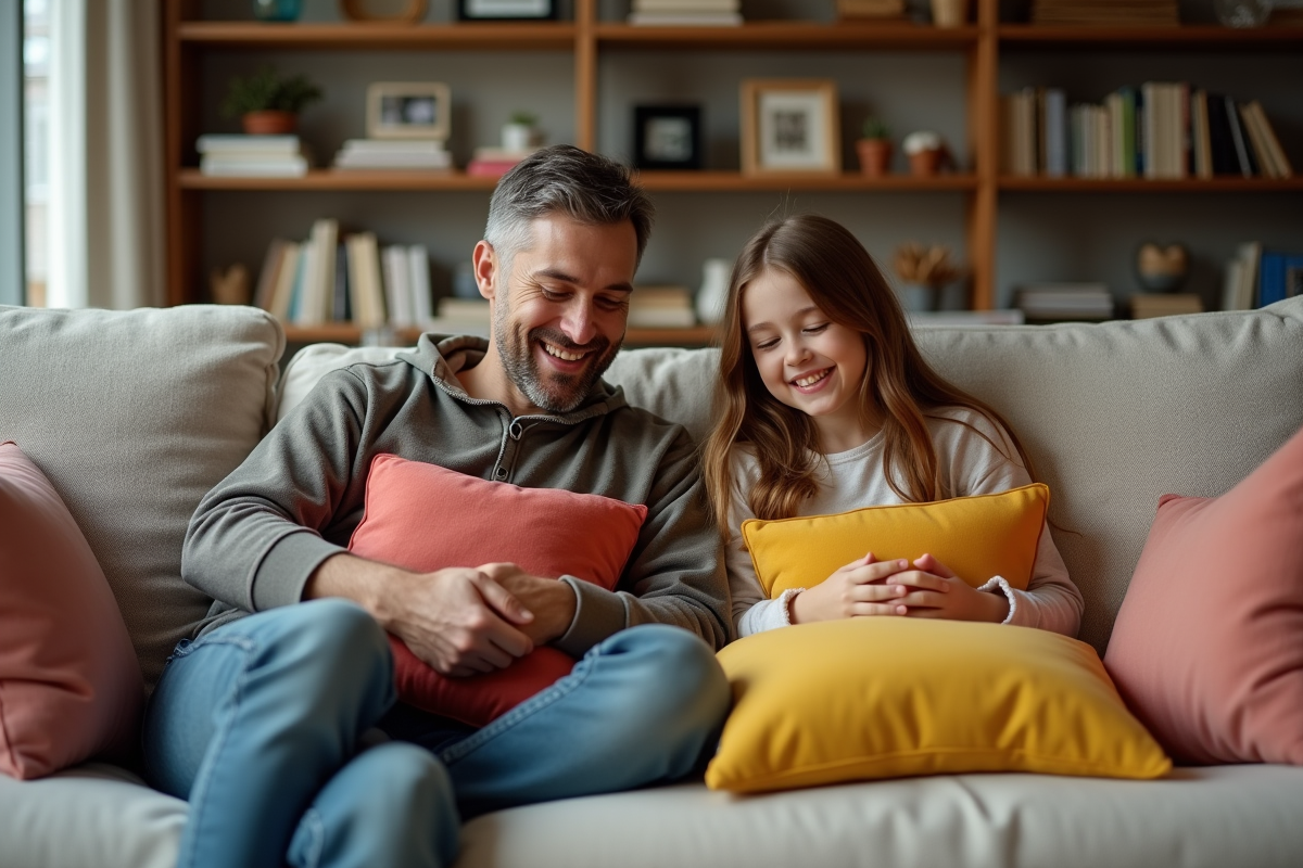 Famille jouant avec des coussins dans un salon cosy