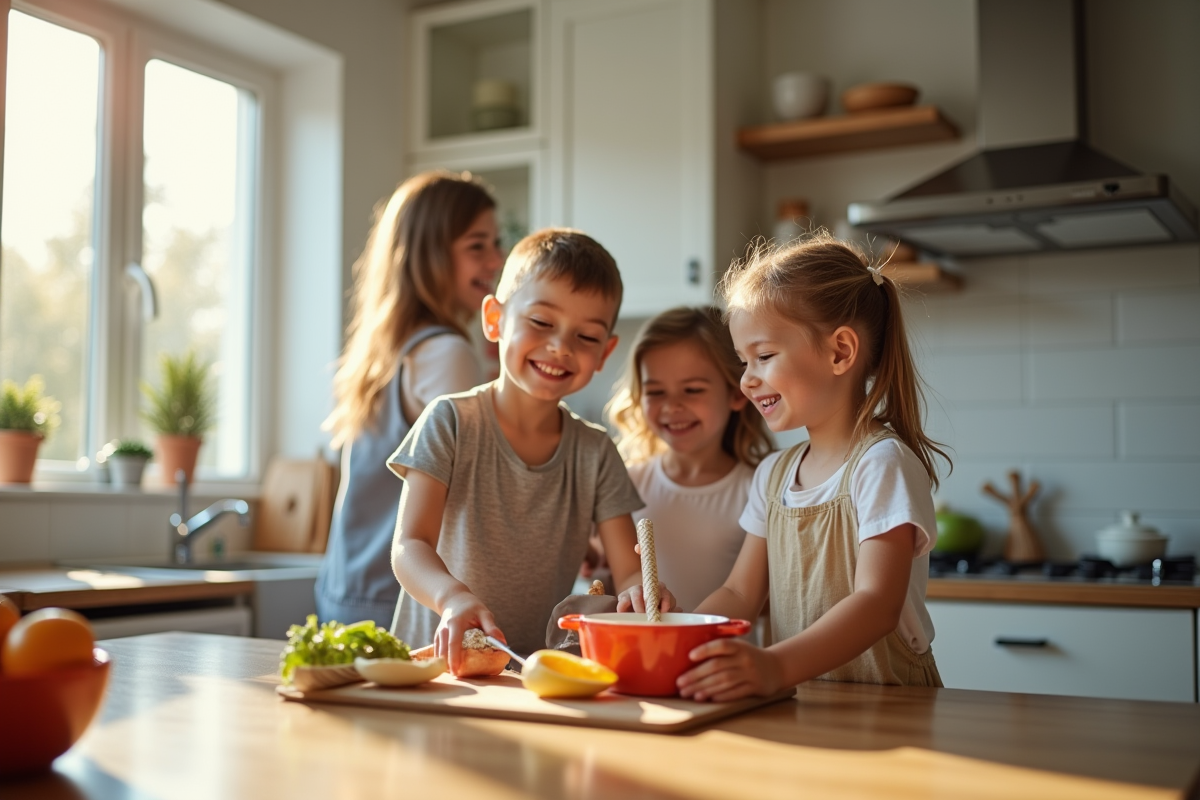 Famille jouant et cuisinant dans une cuisine lumineuse