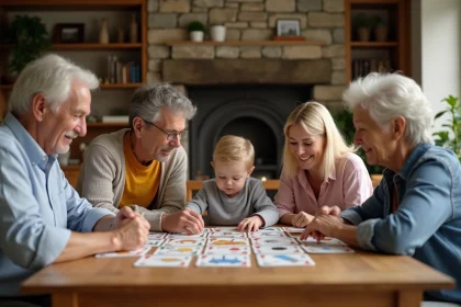 Famille de quatre jouant à un jeu de mémoire à la maison
