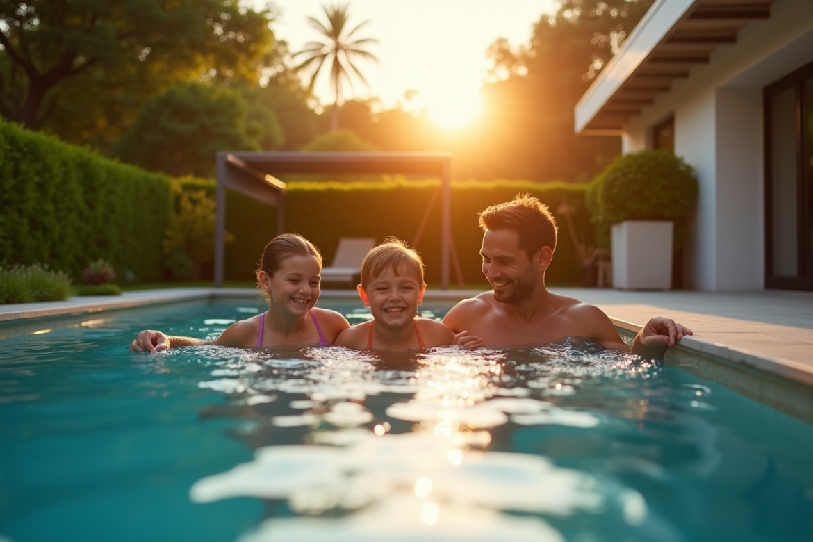 Famille profitant d'une piscine moderne au lever du soleil