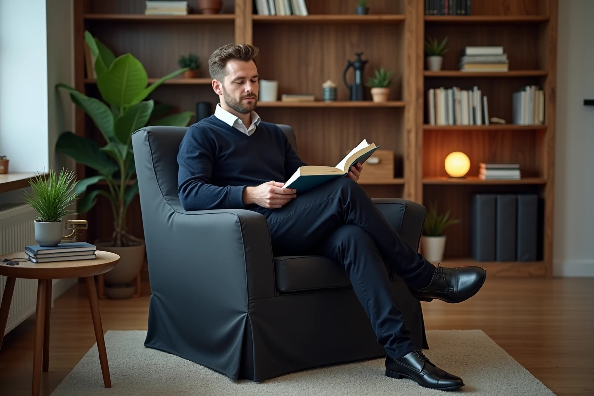 Homme assis dans un fauteuil recouvert d'une housse extensible anthracite dans un bureau à domicile
