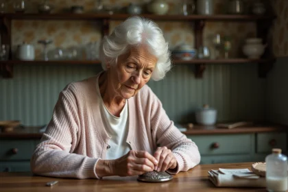 Femme âgée polissant un médaillon en argent ancien