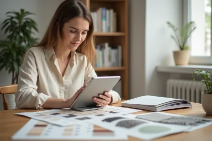 Femme utilisant une application de décoration intérieure sur tablette entourée d'échantillons de tissu et de nuanciers de couleurs dans un bureau scandinave