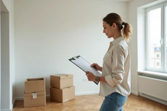 Femme consultant une checklist de déménagement dans un appartement vide avec des cartons