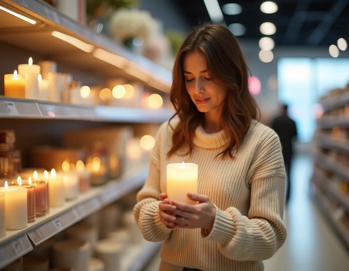 Femme tenant une bougie à fausse flamme dans un magasin de décoration, comparant la qualité avant achat