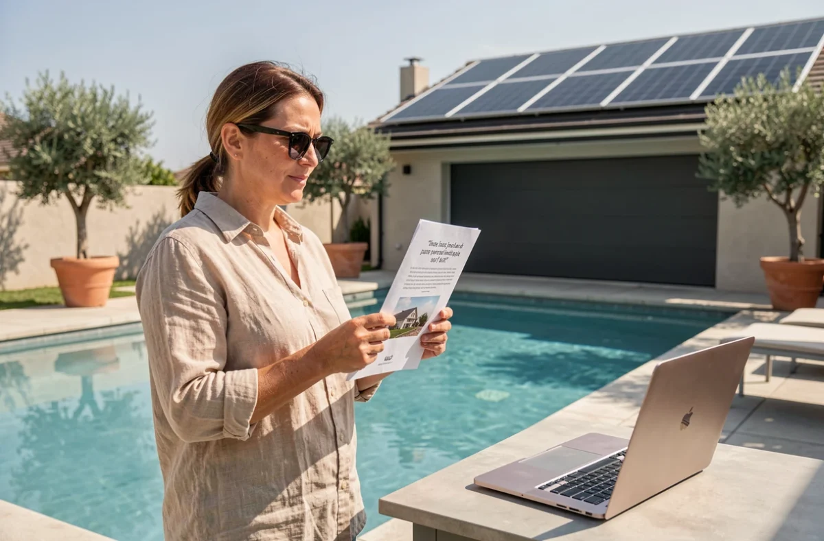 Femme comparant des devis pour un panneau solaire de pompe de piscine sur une terrasse moderne