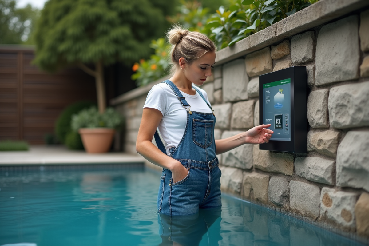 Femme en salopette vérifiant un panneau de contrôle extérieur