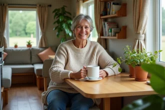 Femme assise dans un mobilhome chaleureux en cuisine