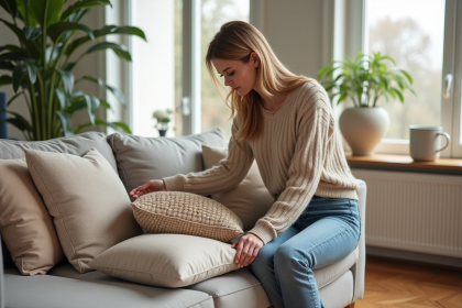 Femme en pull beige arrangeant des coussins dans un salon moderne