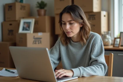 Femme préparant son déménagement en ligne en contactant EDF depuis son appartement avec des cartons
