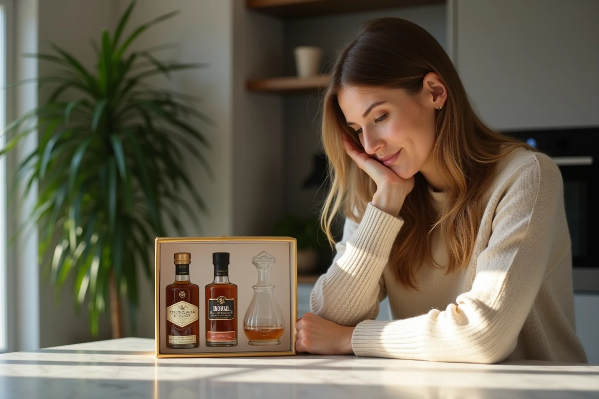 Femme admirant un coffret de miniatures de whisky dans une cuisine moderne