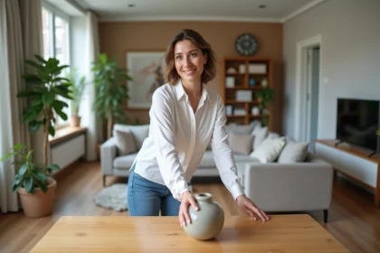 Femme arrangeant une table dans un salon moderne accueillant