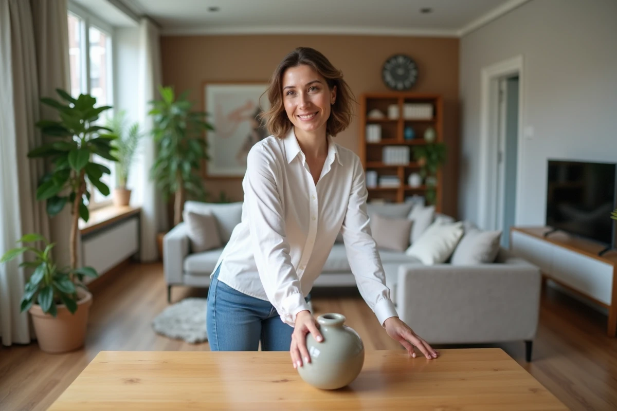 Femme arrangeant une table dans un salon moderne accueillant