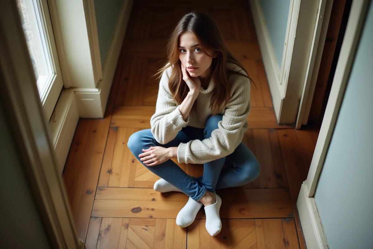Jeune femme regarde une fissure dans le parquet en bois ancien