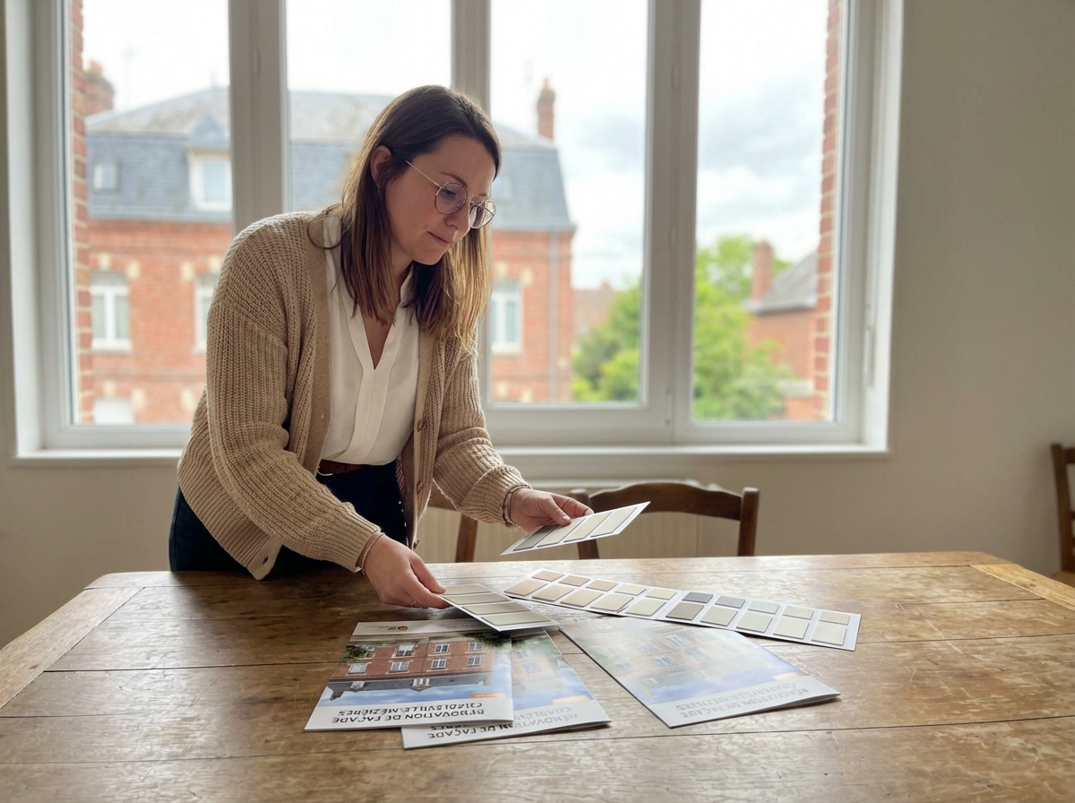Femme examine des échantillons de couleurs et brochures de rénovation