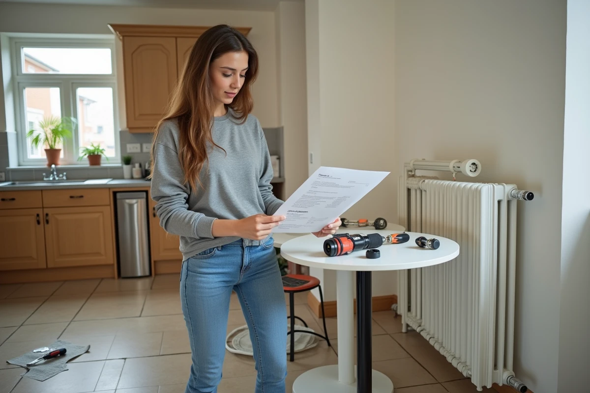 Jeune femme regardant un devis près d un radiateur en rénovation