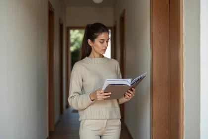 Femme examinant un échantillon de couleur dans un couloir moderne