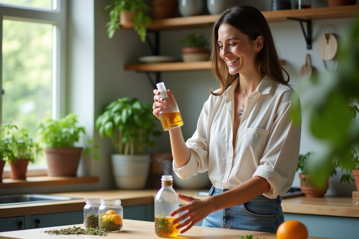 Femme versant un insecticide maison dans un spray à la cuisine