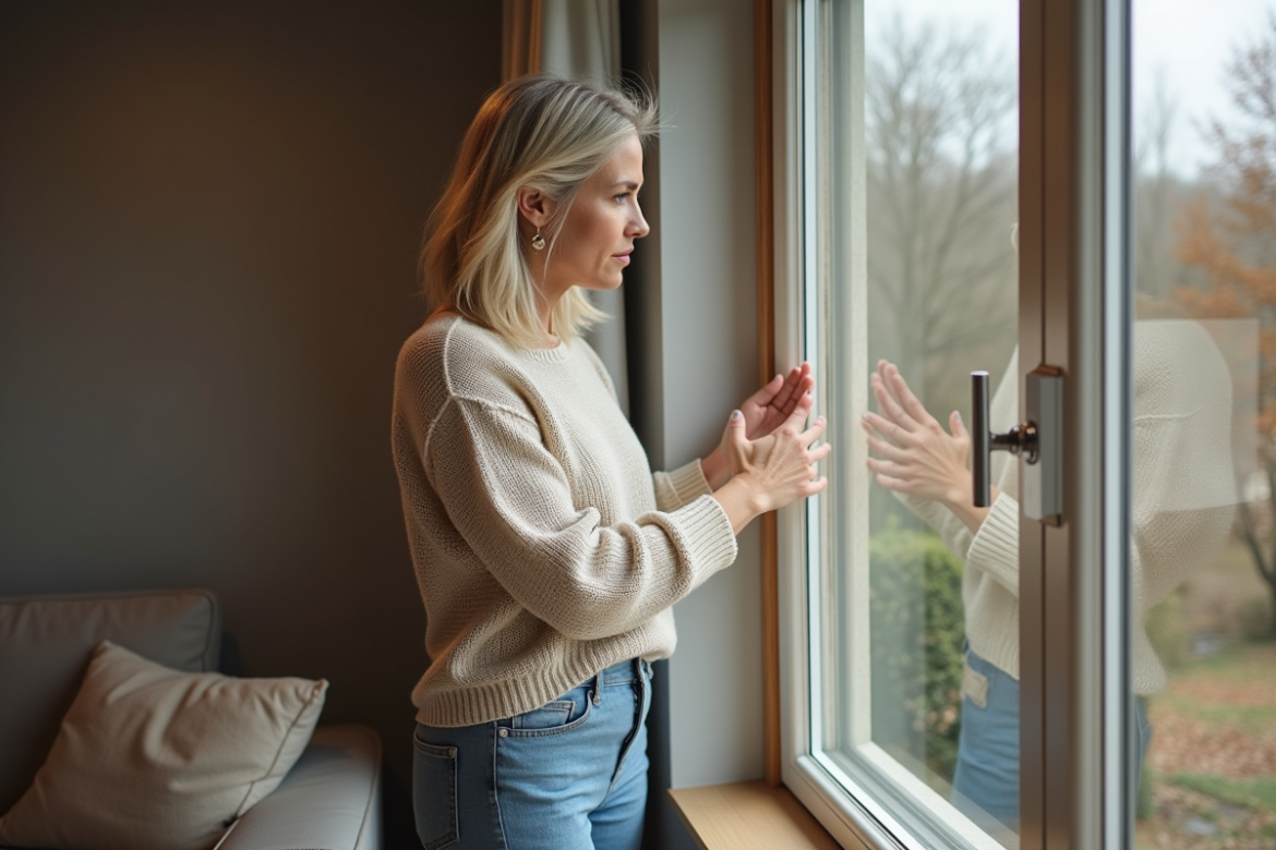 Femme regardant une fenetre triple vitrage dans un salon moderne