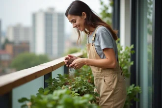 Femme en overalls saupoudrant des marc de café sur une plante verte