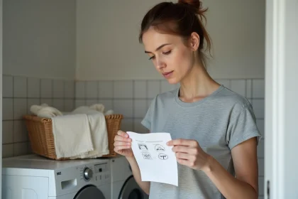 Femme lisant les pictogrammes lessive sur une étiquette de vêtement dans une buanderie moderne
