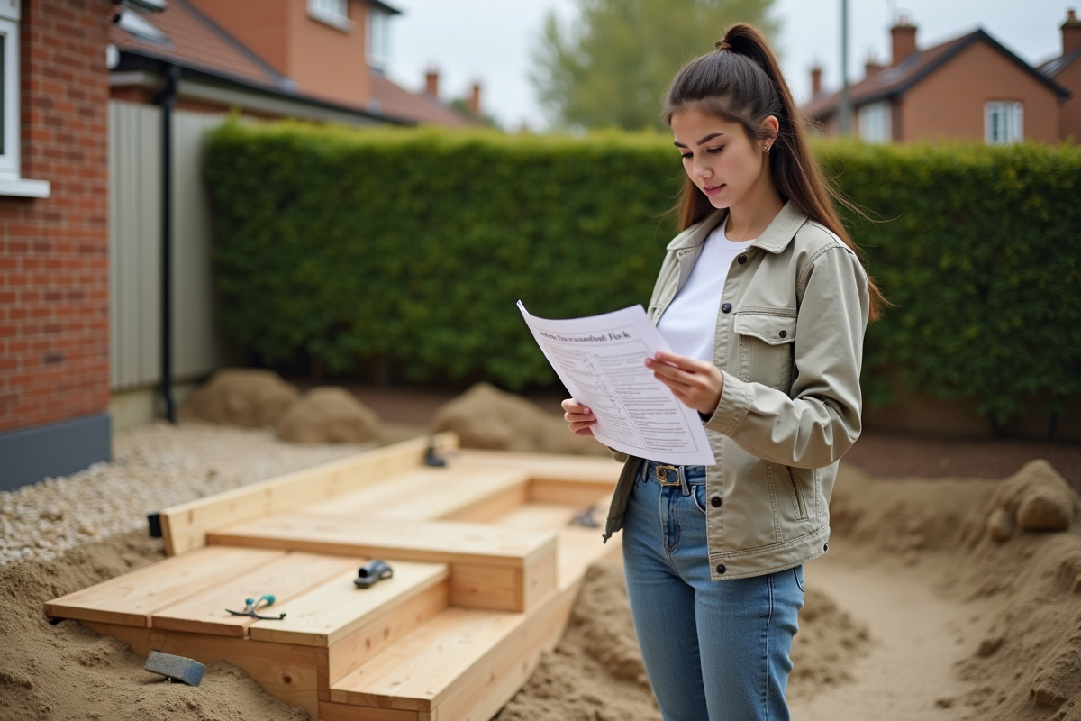 Jeune femme regardant un plan de construction de terrasse