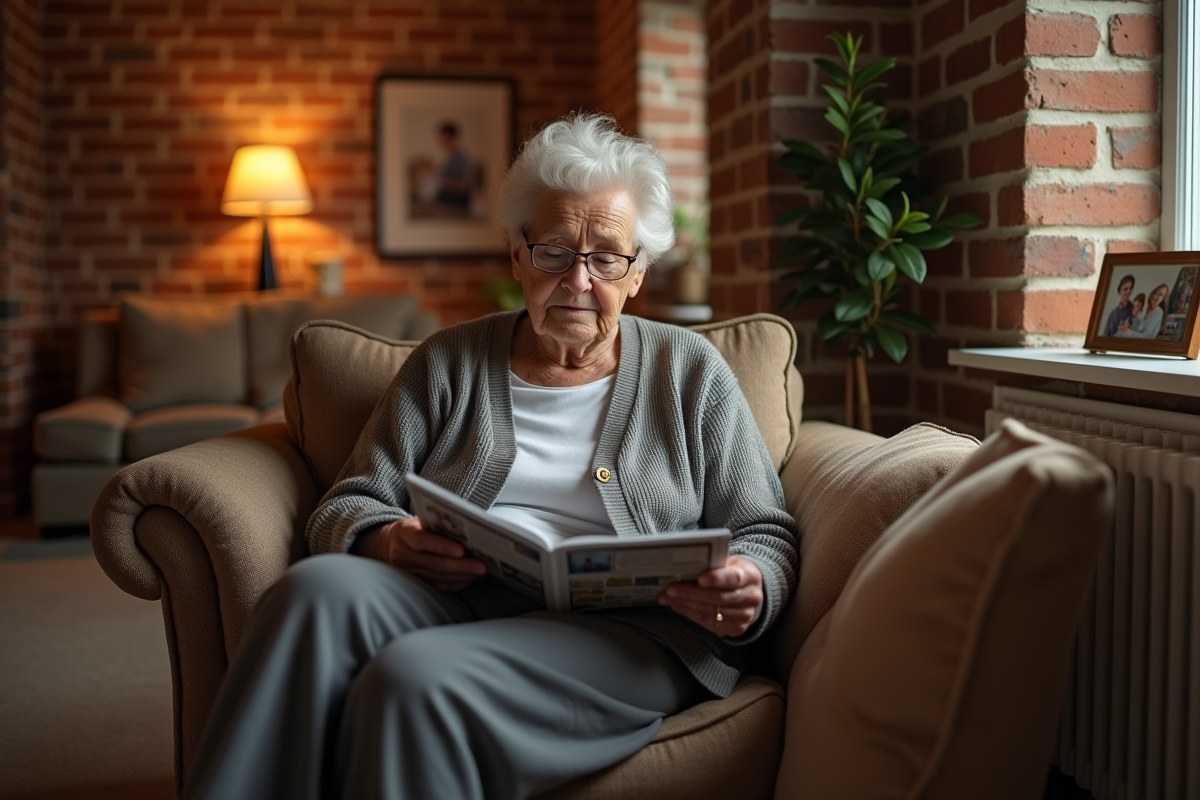 Femme âgée lisant un magazine sur un canapé dans le sous-sol