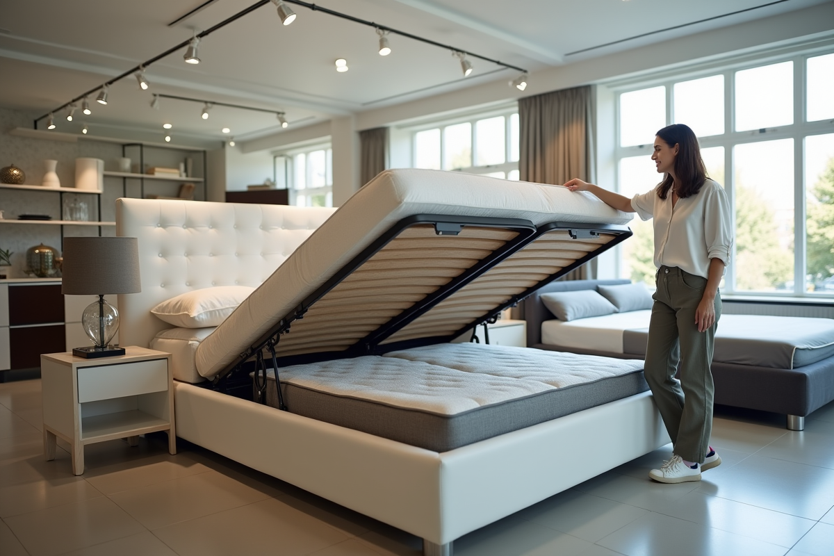 Jeune femme souriante montrant un lit avec rangement dans un showroom lumineux