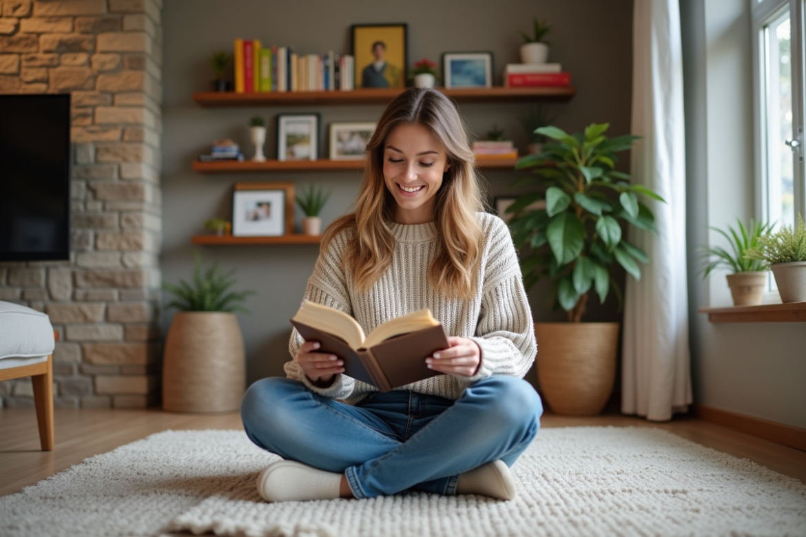 Jeune femme lisant dans un salon basement chaleureux