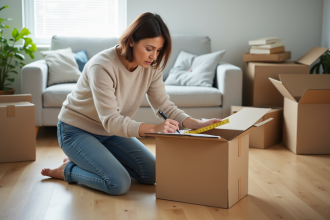 Femme mesurant une boîte en carton dans un salon lumineux