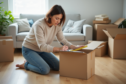 Femme mesurant une boîte en carton dans un salon lumineux
