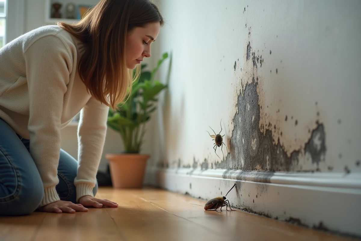 Jeune femme examinant des taches de moisissure sur un mur du salon