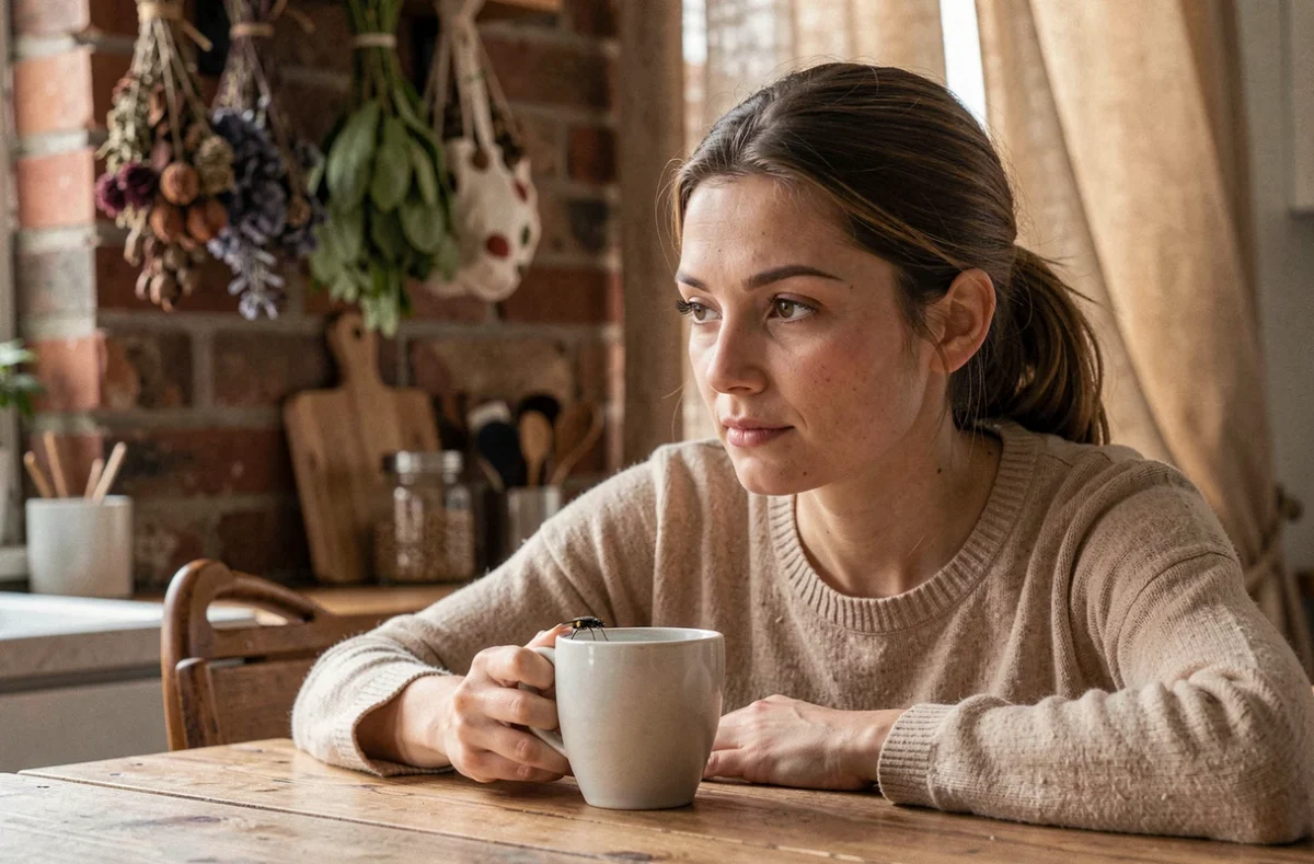 Femme contemplant une mouche posée sur sa tasse de café dans une cuisine chaleureuse, illustrant la réflexion sur la loi d'attraction et les signes de l'univers