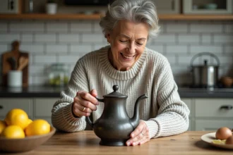 Femme nettoyant une théière en argent noire dans la cuisine