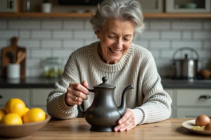 Femme nettoyant une théière en argent noire dans la cuisine