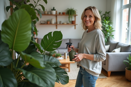 Femme souriante avec plante verte dans un salon moderne