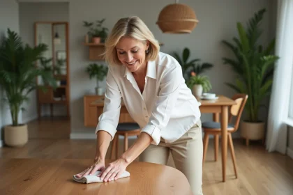 Femme appliquant un produit sur une table en bois dans une salle à manger moderne
