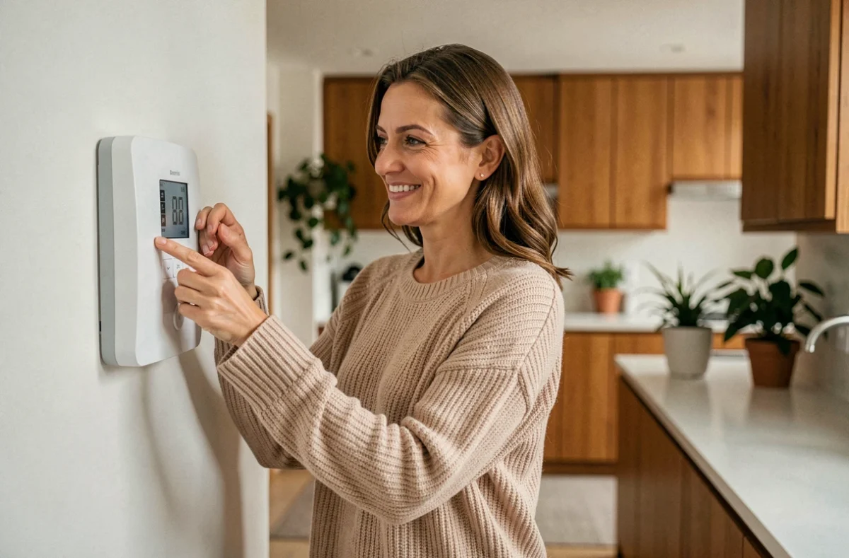 Femme réglant le thermostat d'une pompe à chaleur murale dans un intérieur moderne et chaleureux