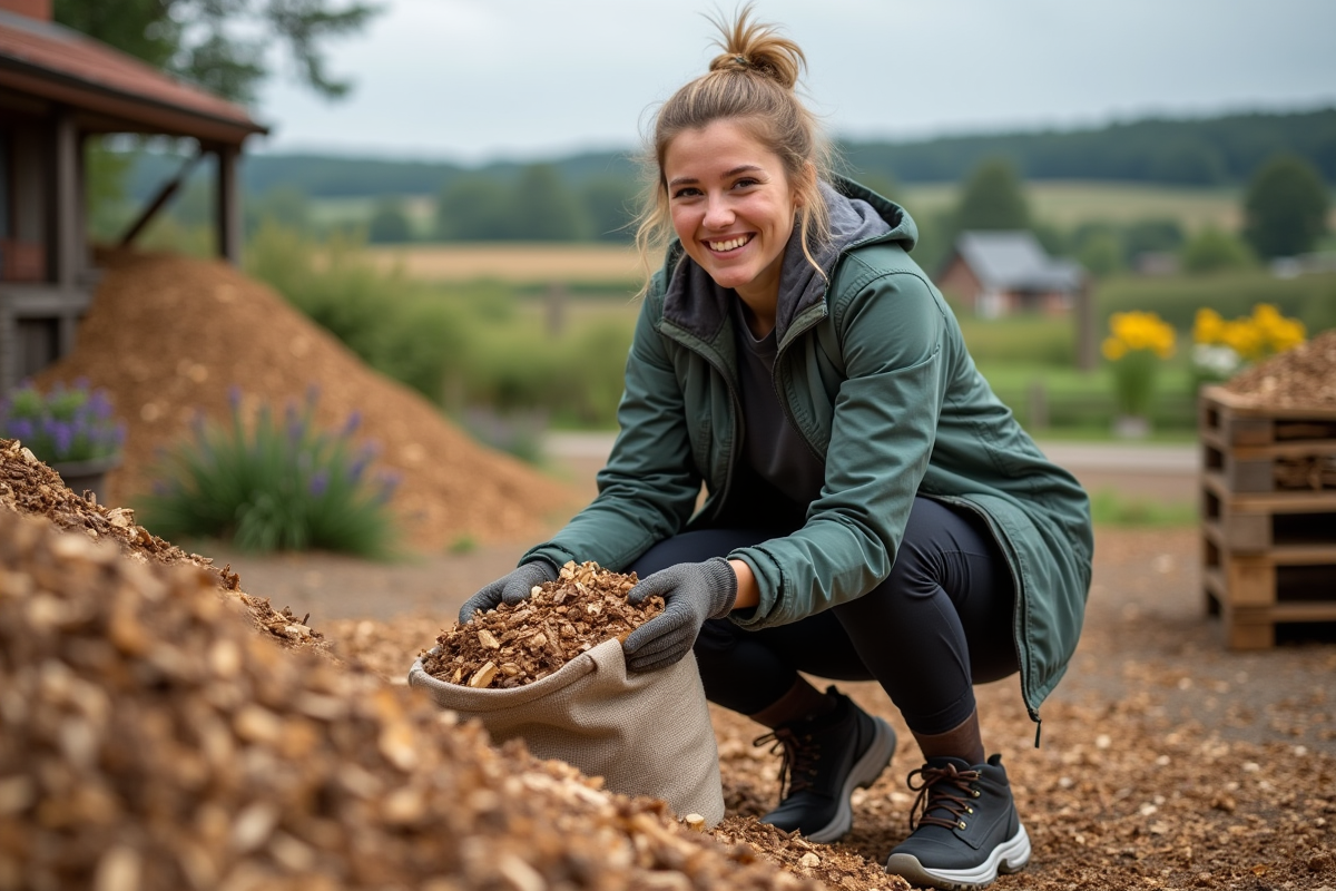 Jeune femme en extérieur remplissant sac de bois chips