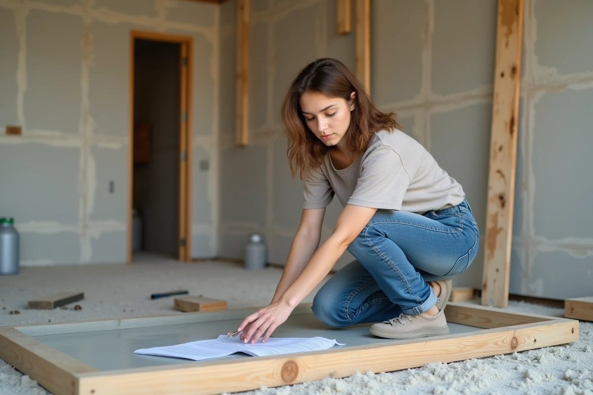 Jeune femme étudie instructions pour rénovation en intérieur