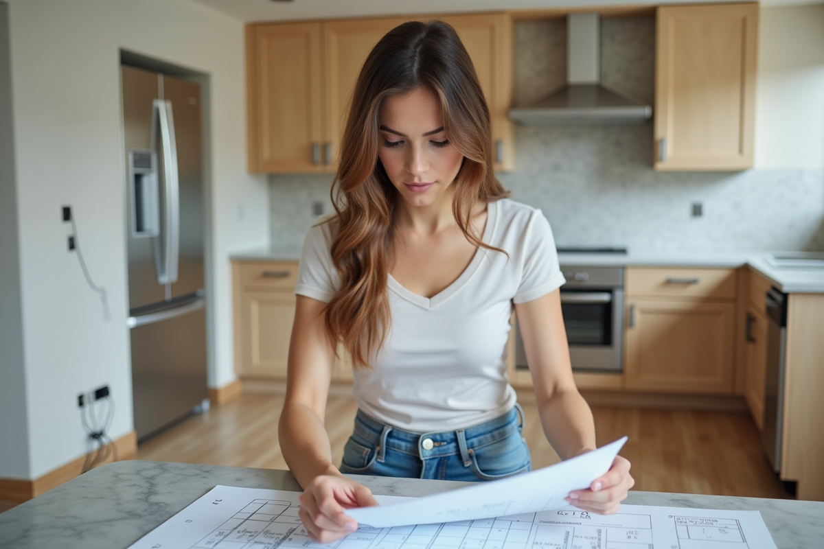 Jeune femme examinant un plan de rénovation de cuisine