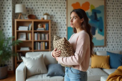 Jeune femme perplexe dans un salon moderne et coloré
