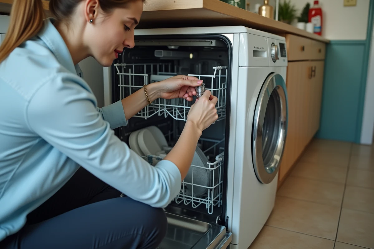 Jeune femme ajuste un collier de tuyau derrière le lave-vaisselle