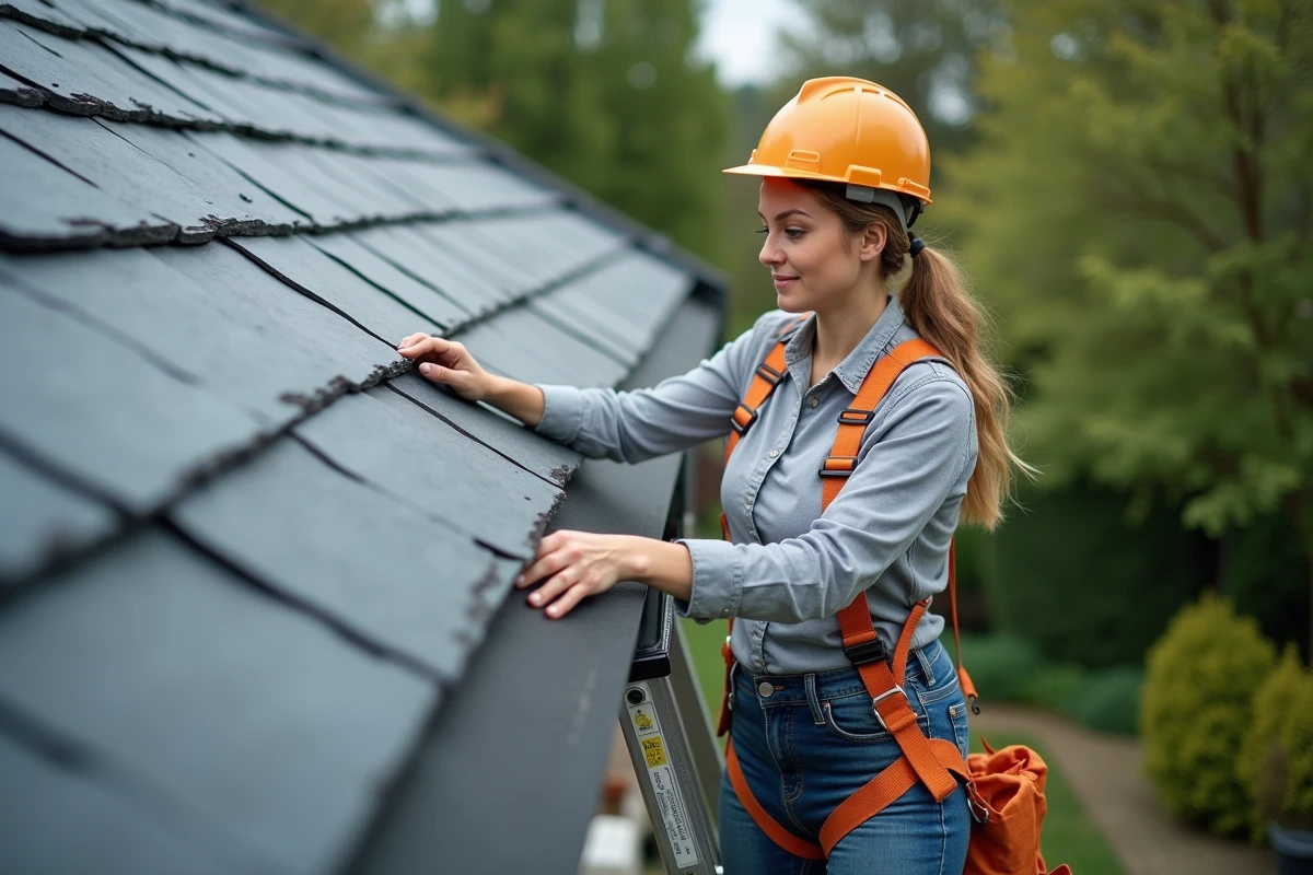 Femme vérifiant un toit en ardoise dans un jardin