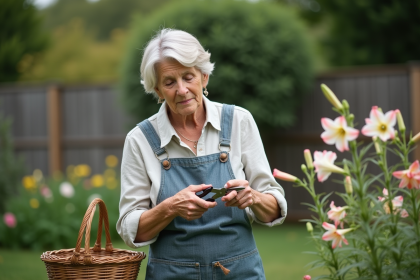 Femme taillant des lys dans un jardin lumineux