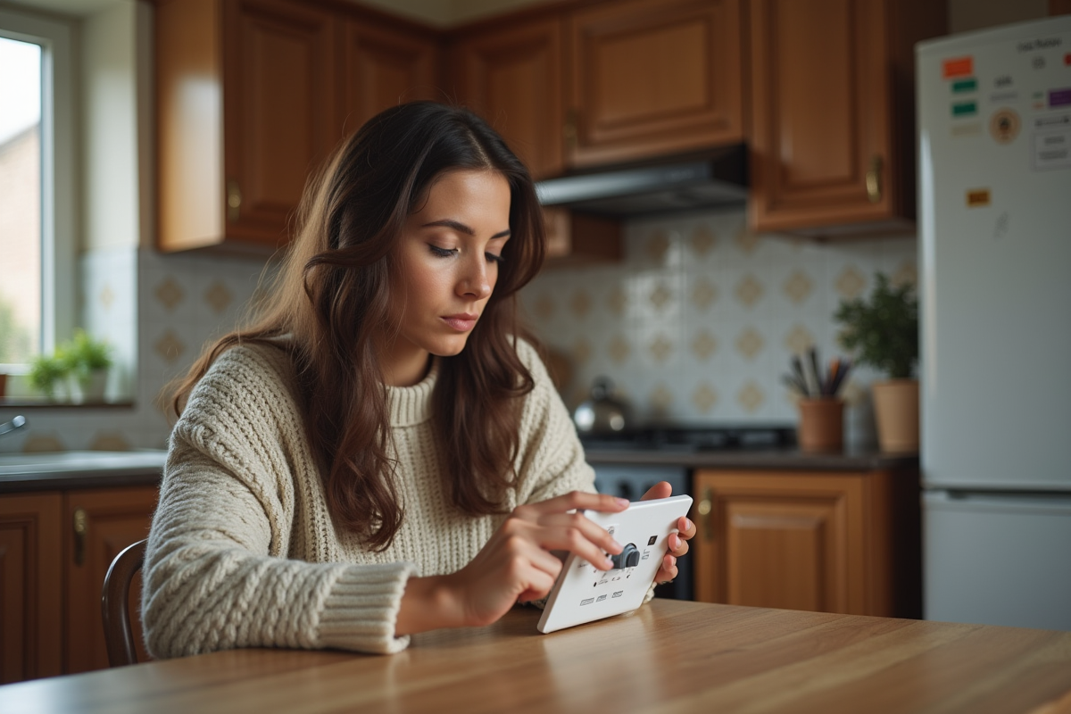 Jeune femme vérifiant le thermostat dans sa cuisine